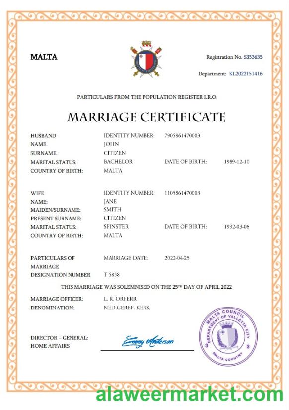 Malta marriage certificate Word and PDF template